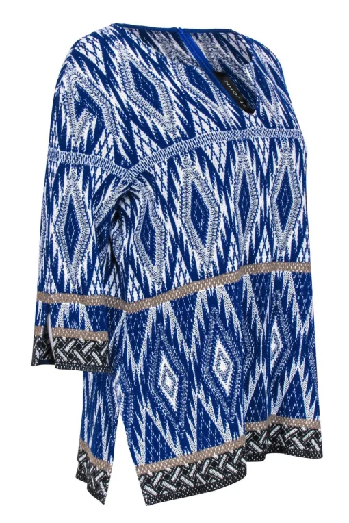 St. John - Blue, White & Gold Print Long Sleeve Knit Top Sz M