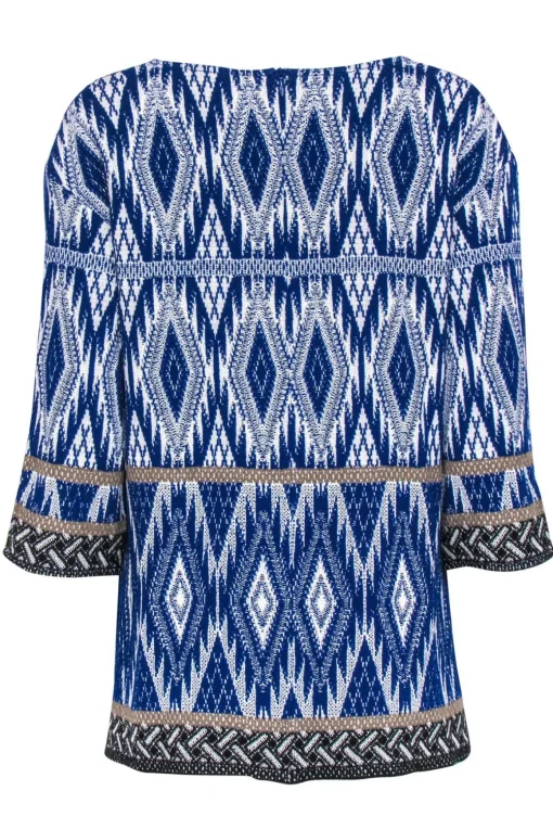 St. John - Blue, White & Gold Print Long Sleeve Knit Top Sz M