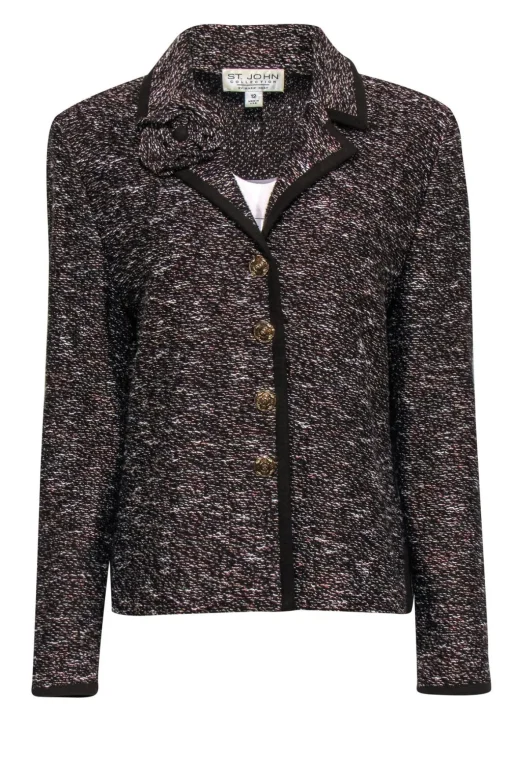 St. John - Brown Marbled Knit Blazer w/ Floral Applique Sz 12