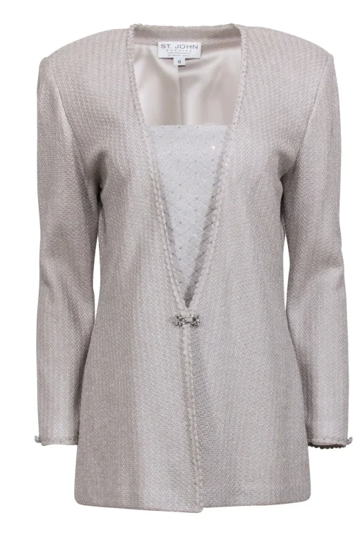 St. John - Champagne Gold Metallic Knit Jacket w/ Detachable Front Panel Sz 10