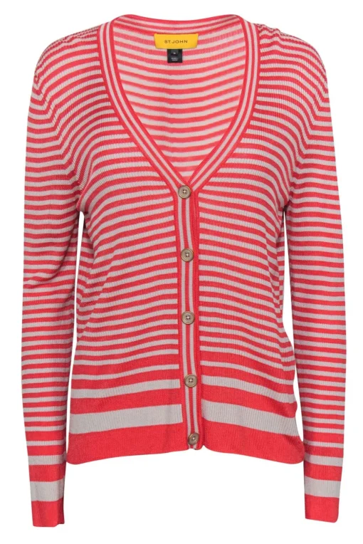St. John - Coral & Beige Striped Button-Up Cardigan Sz M