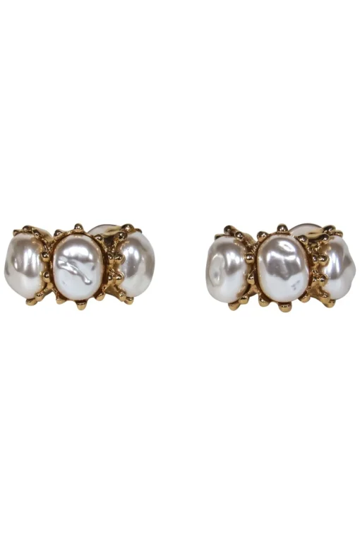 St. John - Gold & Faux Pearl Clip-On Hoop Earrings