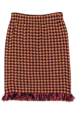St. John - Orange, Burgundy & Maroon Houndstooth w/ Fringe Skirt Sz 4