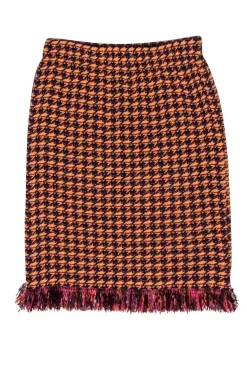 St. John - Orange, Burgundy & Maroon Houndstooth w/ Fringe Skirt Sz 4