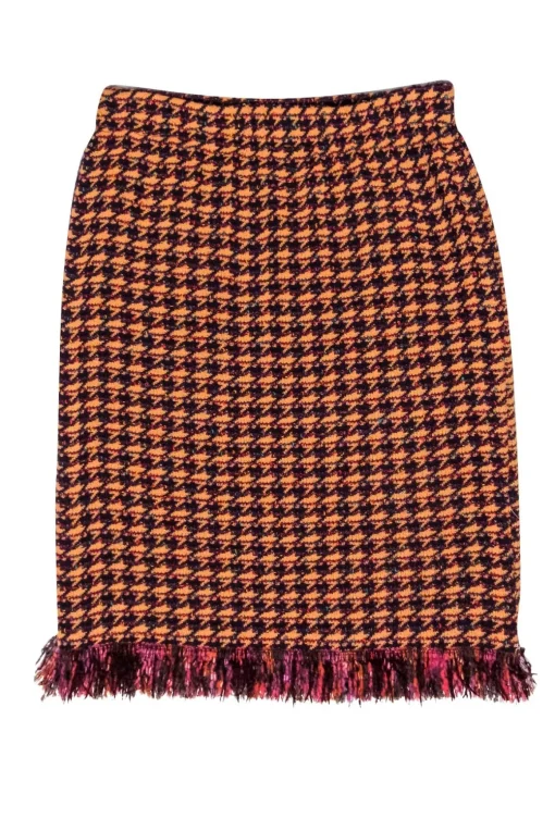 St. John - Orange, Burgundy & Maroon Houndstooth w/ Fringe Skirt Sz 4