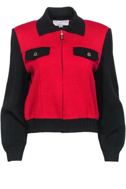 St. John - Red & Black Colorblocked Knit Zip-Up Jacket Sz P
