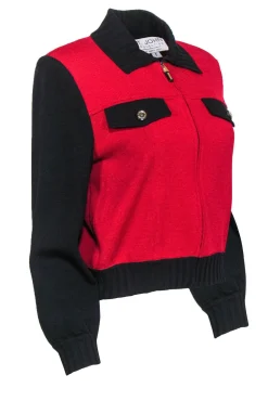 St. John - Red & Black Colorblocked Knit Zip-Up Jacket Sz P