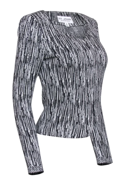 St. John - White & Black Metallic Knit Jacket w/ Rhinestones Sz 2