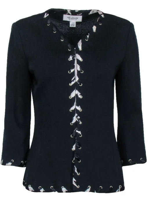 St. John Collection - Navy Blue Textured Cardigan w/ Ribbon Trim Sz 6