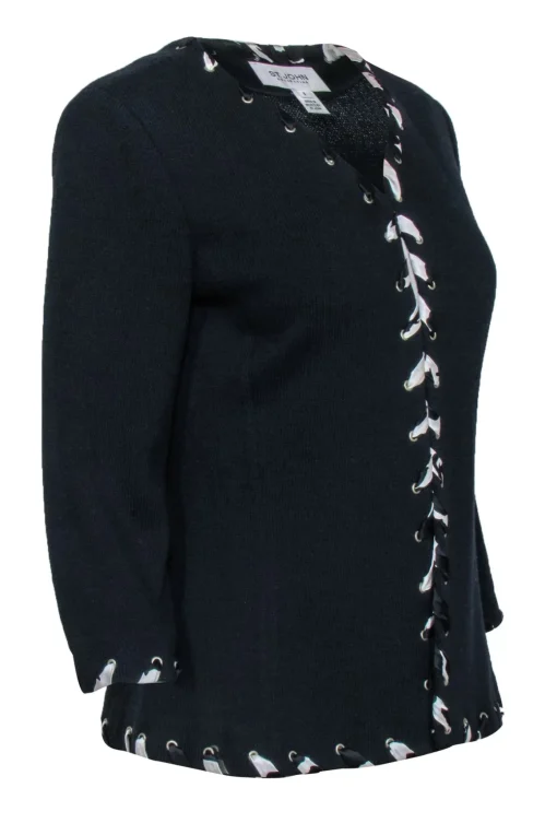 St. John Collection - Navy Blue Textured Cardigan w/ Ribbon Trim Sz 6
