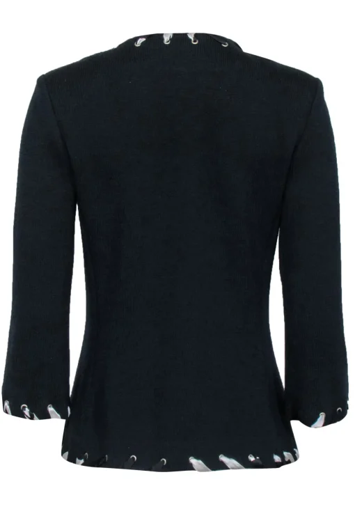 St. John Collection - Navy Blue Textured Cardigan w/ Ribbon Trim Sz 6