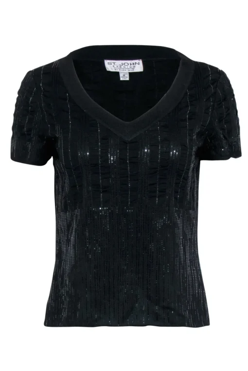 St. John Evening - Sparkly Black Knit Short Sleeve Shirt Sz M