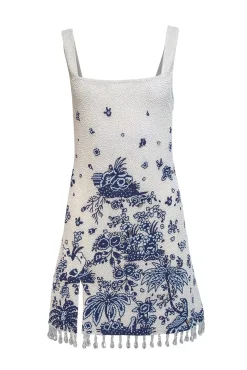 Staud - Ivory & Blue "Le Sable" Floral Beaded Minidress Sz M