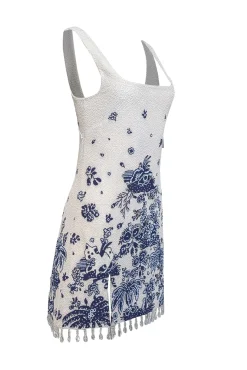 Staud - Ivory & Blue "Le Sable" Floral Beaded Minidress Sz M