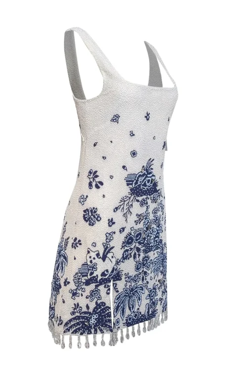 Staud - Ivory & Blue "Le Sable" Floral Beaded Minidress Sz M