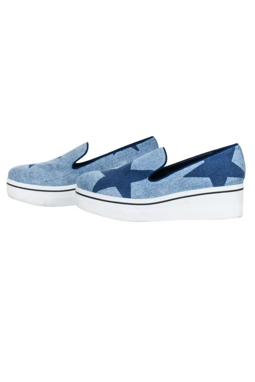 Stella McCartney - Blue Denim Chambray Star Print Platform Loafers Sz 11