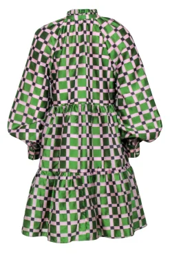 Stine Goya - Pink & Green Checkered Print PuffSleeve Dress Sz XS