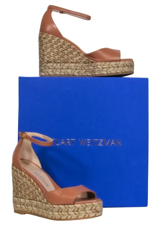 Stuart Weitzman - Beige Leather Espadrille Platform Wedges Sz 7.5