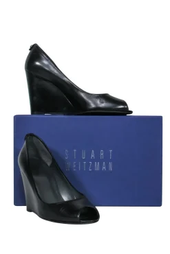 Stuart Weitzman - Black Leather Peep Toe Wedges Sz 8