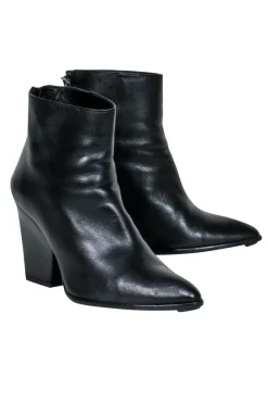 Stuart Weitzman - Black Leather Pointed Toe Chunky Heel Booties Sz 7.5