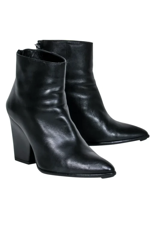 Stuart Weitzman - Black Leather Pointed Toe Chunky Heel Booties Sz 7.5