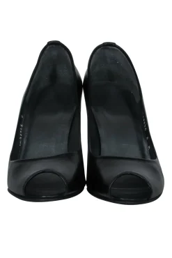 Stuart Weitzman - Black Leather Peep Toe Wedges Sz 8