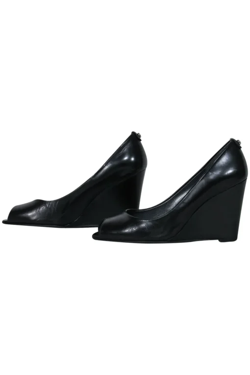 Stuart Weitzman - Black Leather Peep Toe Wedges Sz 8