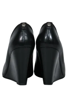 Stuart Weitzman - Black Leather Peep Toe Wedges Sz 8