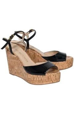 Stuart Weitzman - Black Patent Leather Peep Toe Wedges Sz 8