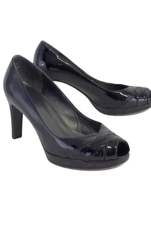 Stuart Weitzman - Black Patent Woven Peep Toe Heels Sz 6