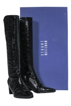 Stuart Weitzman - Black Reptile Embossed Patent Leather Boots Sz 9