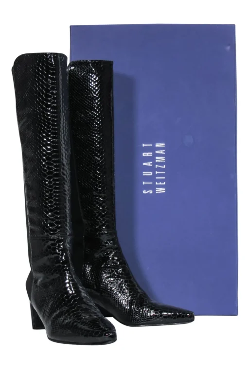 Stuart Weitzman - Black Reptile Embossed Patent Leather Boots Sz 9