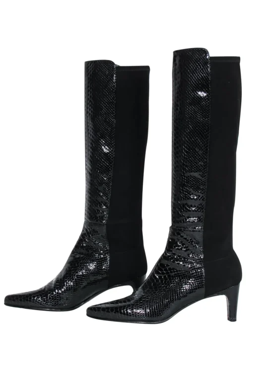 Stuart Weitzman - Black Reptile Embossed Patent Leather Boots Sz 9