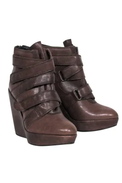 Stuart Weitzman - Brown Leather Velcro Platform Ankle Booties Sz 8.5