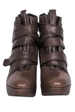 Stuart Weitzman - Brown Leather Velcro Platform Ankle Booties Sz 8.5
