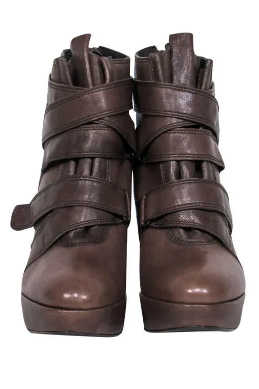 Stuart Weitzman - Brown Leather Velcro Platform Ankle Booties Sz 8.5