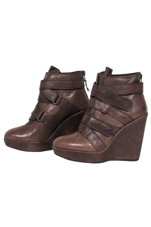 Stuart Weitzman - Brown Leather Velcro Platform Ankle Booties Sz 8.5