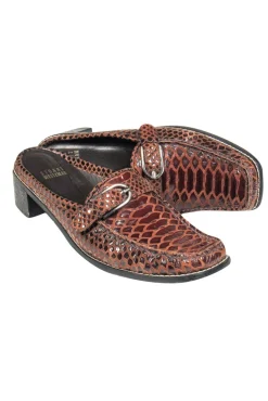 Stuart Weitzman - Brown Square Toe Embossed Leather Mules Sz 7.5