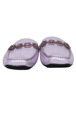 Stuart Weitzman - Lavender Metallic Leather Mule Loafers w/ Crystal Rhinestones Sz 7