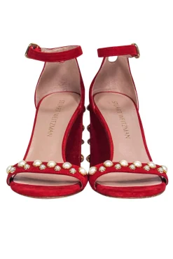 Stuart Weitzman - Red Suede Strappy Pumps w/ Pearl Embellishments Sz 7.5