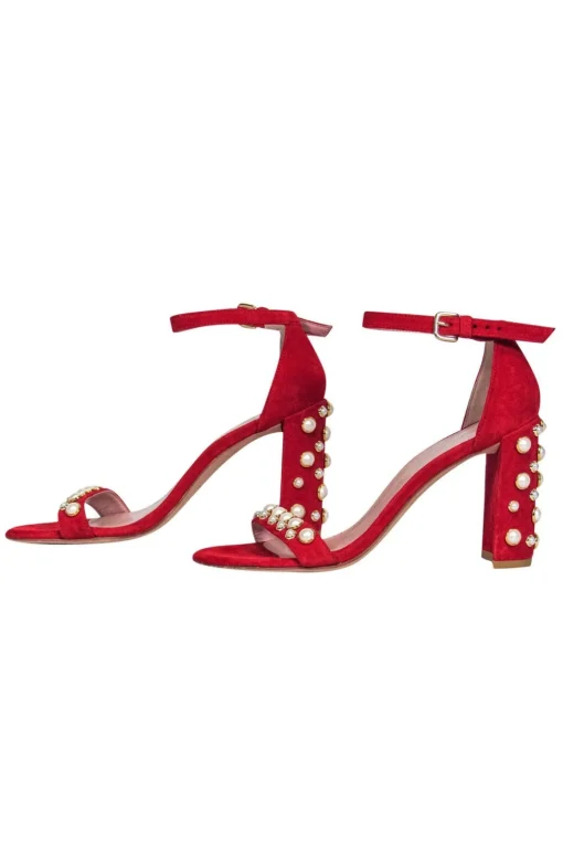 Stuart Weitzman - Red Suede Strappy Pumps w/ Pearl Embellishments Sz 7.5