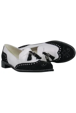 Stuart Weitzman - White Leather Wingtip Loafers w/ Black Beading Sz 9