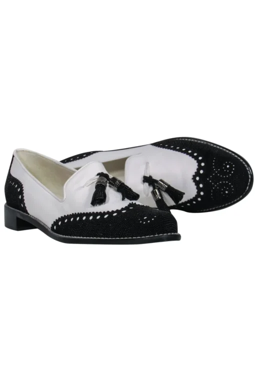 Stuart Weitzman - White Leather Wingtip Loafers w/ Black Beading Sz 9
