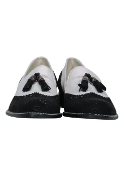 Stuart Weitzman - White Leather Wingtip Loafers w/ Black Beading Sz 9
