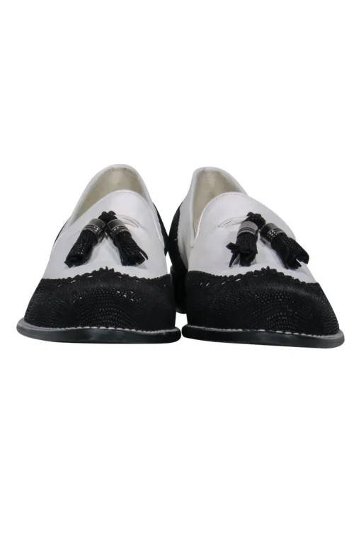 Stuart Weitzman - White Leather Wingtip Loafers w/ Black Beading Sz 9
