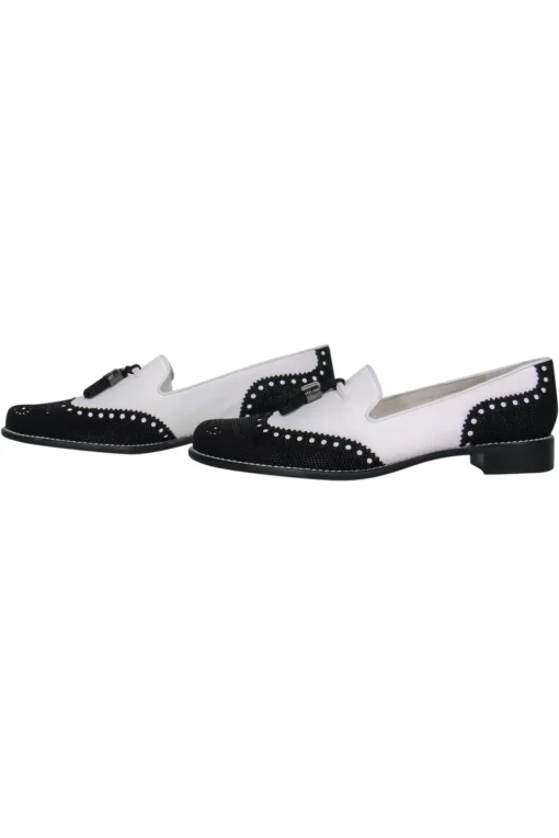 Stuart Weitzman - White Leather Wingtip Loafers w/ Black Beading Sz 9