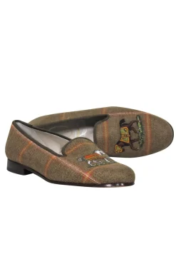 Stubbs & Wootton - Green Plaid Woven Slipper Flats w/ Equestrian Embroidery Sz 9