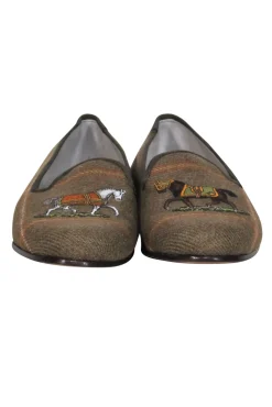 Stubbs & Wootton - Green Plaid Woven Slipper Flats w/ Equestrian Embroidery Sz 9