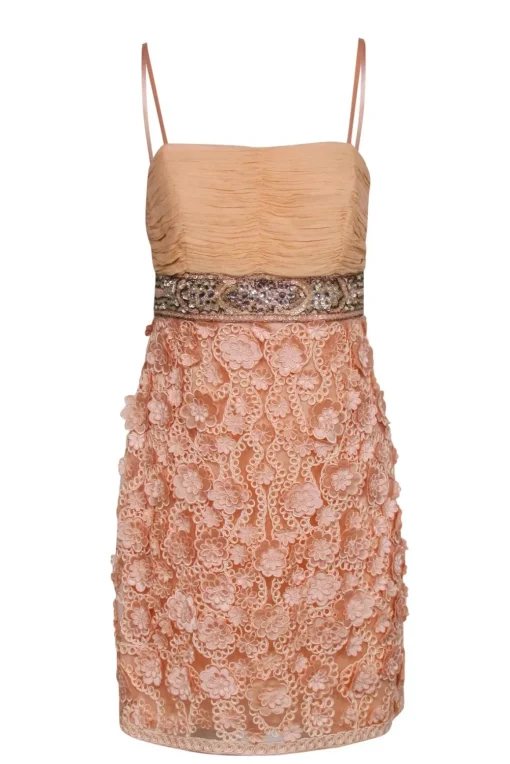 Sue Wong - Pale Pink Sheath Dress w/ Floral Appliques & Beaded Waist Sz 10