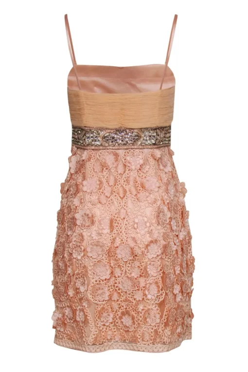 Sue Wong - Pale Pink Sheath Dress w/ Floral Appliques & Beaded Waist Sz 10